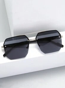 1 Pair Men's Metal Half-Frame Fashion Glasses, Double Bridge Rectangular Aviator Stylish Eyeglasses For Summer Beach Vacation,Outdoor,Travel