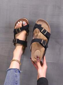 Summer Plus Size Cork Flat Slippers With Belt Buckle Decoration For Casual Outdoor Wear
