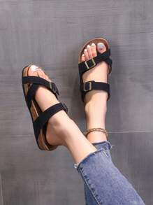 Summer Plus Size Cork Flat Slippers With Belt Buckle Decoration For Casual Outdoor Wear