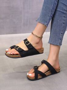 Summer Plus Size Cork Flat Slippers With Belt Buckle Decoration For Casual Outdoor Wear