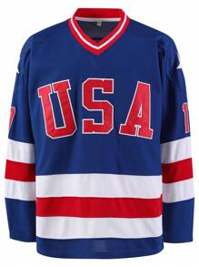 Maglietta da hockey su ghiaccio blu stile boyfriend maschile, casual, a maniche lunghe, con ricamo e scollo a V, ideale per eventi e sport