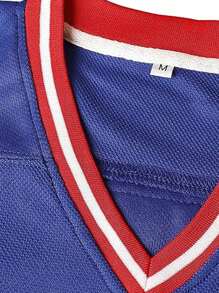 Maglietta da hockey su ghiaccio blu stile boyfriend maschile, casual, a maniche lunghe, con ricamo e scollo a V, ideale per eventi e sport