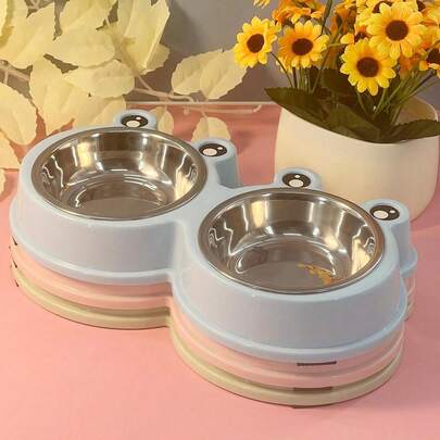 1入組PP材質寵物餐食碗，不銹鋼兩用卡通青蛙造型碗，適用於貓狗雙重餵食器