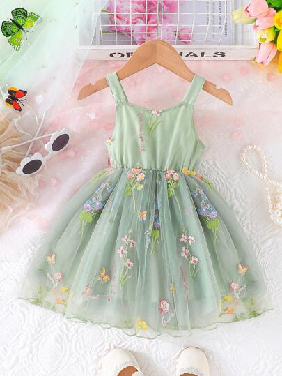 Summer Baby Girls Sleeveless Strappy Embroidery Mesh Cute Printed Dress