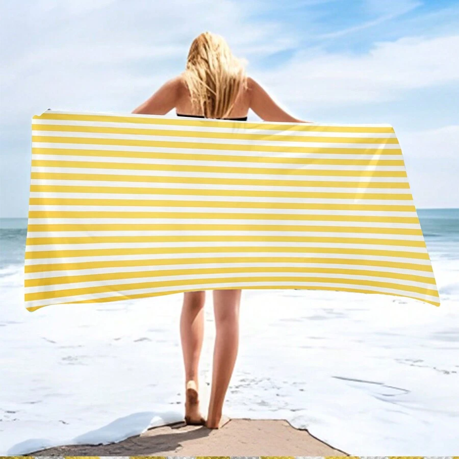 1條條紋沙灘毛巾毯，採用超細纖維製成，柔軟，高吸水性，適合旅行、露營、游泳池使用