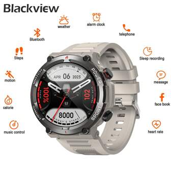 Blackview防水智能手錶男款，支援Android和iOS系統，370mAh智慧手錶，具有心率、血氧、睡眠監測和步數計功能，配有2條錶帶，1.39吋高清防水戶外智慧手錶，W50 Khaki