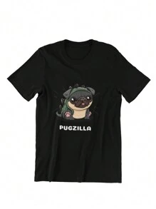 Playera Para Dama con Diseño Impreso de Pugzilla en Pijama, Perro Pug - Negro - Ver 2