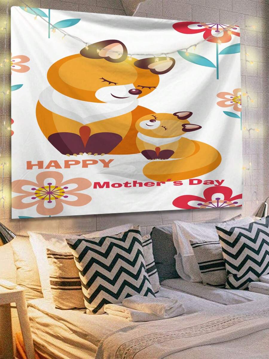 1pc Mother's Day Fox Pattern Textured Tapestry With 3 Wall Nails And 2