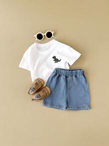 嬰兒男孩2件套裝，休閒恐龍刺繡短袖T卹和牛仔短褲夏季裝 - 綠色 - 查看 5