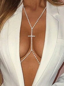 闪亮水钻比基尼文胸性感胸链银水晶可调节胸链性感夜总会夏季海滩度假派对狂欢身体链珠宝配饰适合女士和女孩以及母亲节和女友婚礼生日周年纪念 - 銀色 - 查看 6