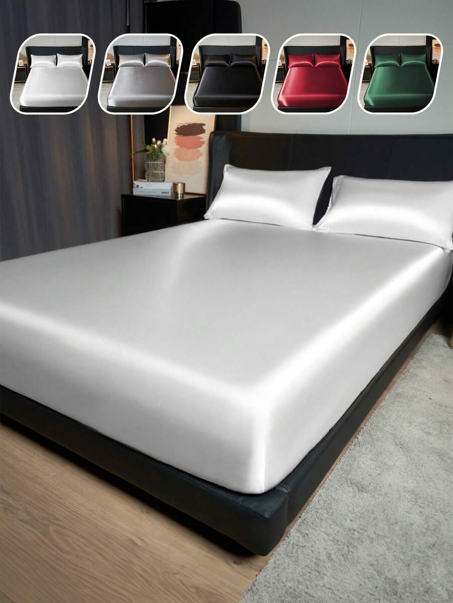 1pc Satin Fitted Sheet Full Size Silk Fitted Bed Sheet, Solid White