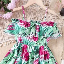 Tween Girl Summer Floral Printed Ruffle Hem Spaghetti Strap Casual Dress - Green - View 3