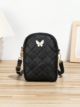 Bolso bandolera de mujer con bolsa para teléfono decorado con patrón de diamantes bordado y lazo, regalo de San Valentín