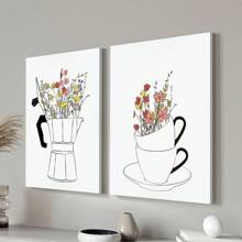 Conjunto de 2 carteles de impresión en lienzo estilo nórdico, arte de pared de lienzo con taza de café y flores, pintura artística para decorar la sala de estar, dormitorio, baño, oficina, pasillo, cocina, sin marcos, arte de pared moderno, carteles para habitación, elementos de decoración de habitación, decoración del hogar, decoración de habitación estética, decoración occidental