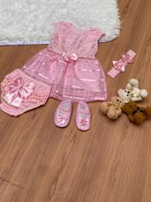Kit 3 vestidos luxo festa bebê + 3 calcinha bunda rica + 3 laço luxo + sapatinho princesa baby
