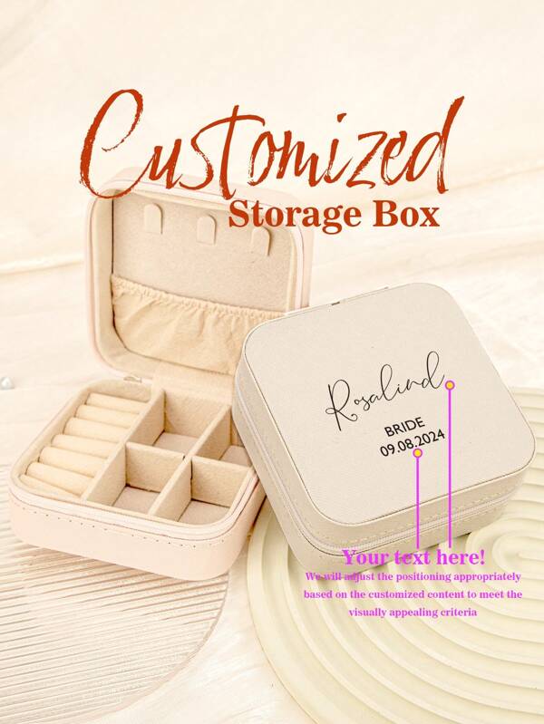 1PC Custom Print: Personalized Name Square Storage Box - Portable PU Jewelry Organizer For Necklaces, Earrings, Rings - Multi-Compartment Travel Storage Case - Ideal Gift For Sisters, Aunts, Mothers, Grandmothers, Girlfriends, Mentees, Etc. - Perfect For Holidays, Weddings, Birthdays, Valentine's Day, Mother's Day, Graduations