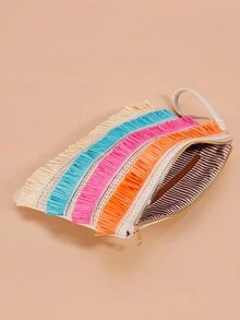 新款編織手拿包，時尚草編信封包適用於女士 - 米色 - 查看 3