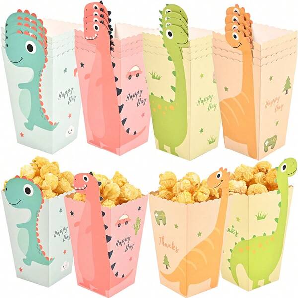 48 piezas (12 piezas/cada patrón) Cajas de palomitas de maíz con diseño de dinosaurio para fiesta de cumpleaños y refrigerios de reuniones, bolsas de regalo para fiestas de bodas, suministros escolares, bolsas de alimentos, cajas de alimentos adecuadas para dulces, chocolates, galletas, etc.