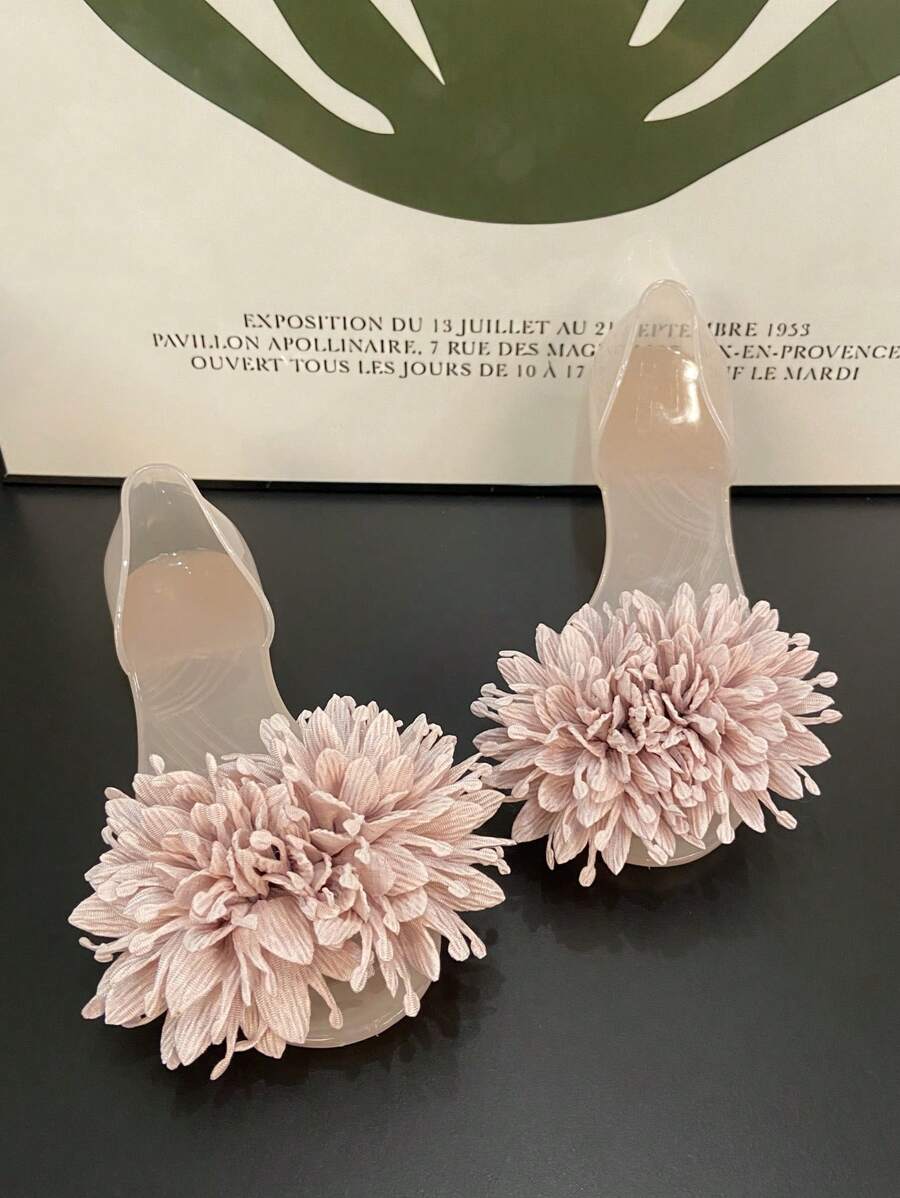 女士夏季平底凉鞋,花朵装饰海滩旅游度假果冻鞋,水晶塑料海滩一脚蹬露趾鞋 - 粉色 - 查看 1