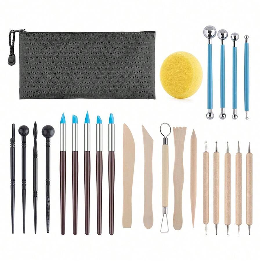 25入組黏土工具套件，高分子粘土工具，陶瓷黏土雕刻工具套件，空氣干燥黏土工具組套，適用於成年人、兒童、陶藝手工、烘焙、雕刻、繪畫、點彩、塑模、成形 - 彩色 - 查看 1