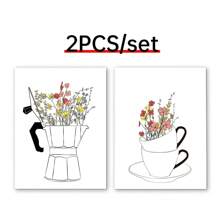 Conjunto de 2 carteles de impresión en lienzo estilo nórdico, arte de pared de lienzo con taza de café y flores, pintura artística para decorar la sala de estar, dormitorio, baño, oficina, pasillo, cocina, sin marcos, arte de pared moderno, carteles para habitación, elementos de decoración de habitación, decoración del hogar, decoración de habitación estética, decoración occidental