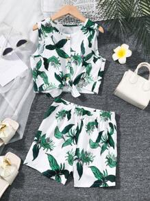 Tween Girl Casual Fashionable Tropical Print Short Sleeve T-Shirt & Shorts 2-Piece Outfit For Spring, Summer, And Autumn - Multicolor - View 1