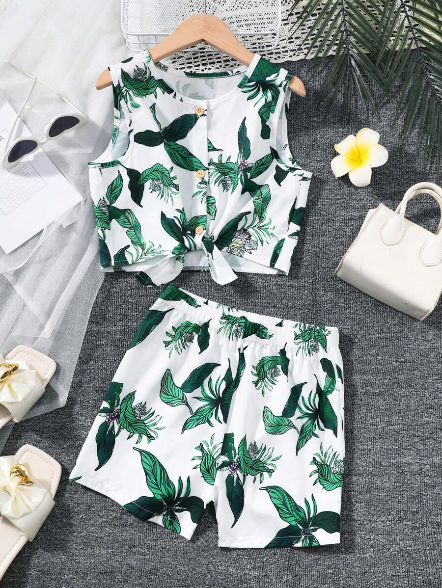 Tween Girl Casual Fashionable Tropical Print Short Sleeve T-Shirt & Shorts 2-Piece Outfit For Spring, Summer, And Autumn - Multicolor - View 1
