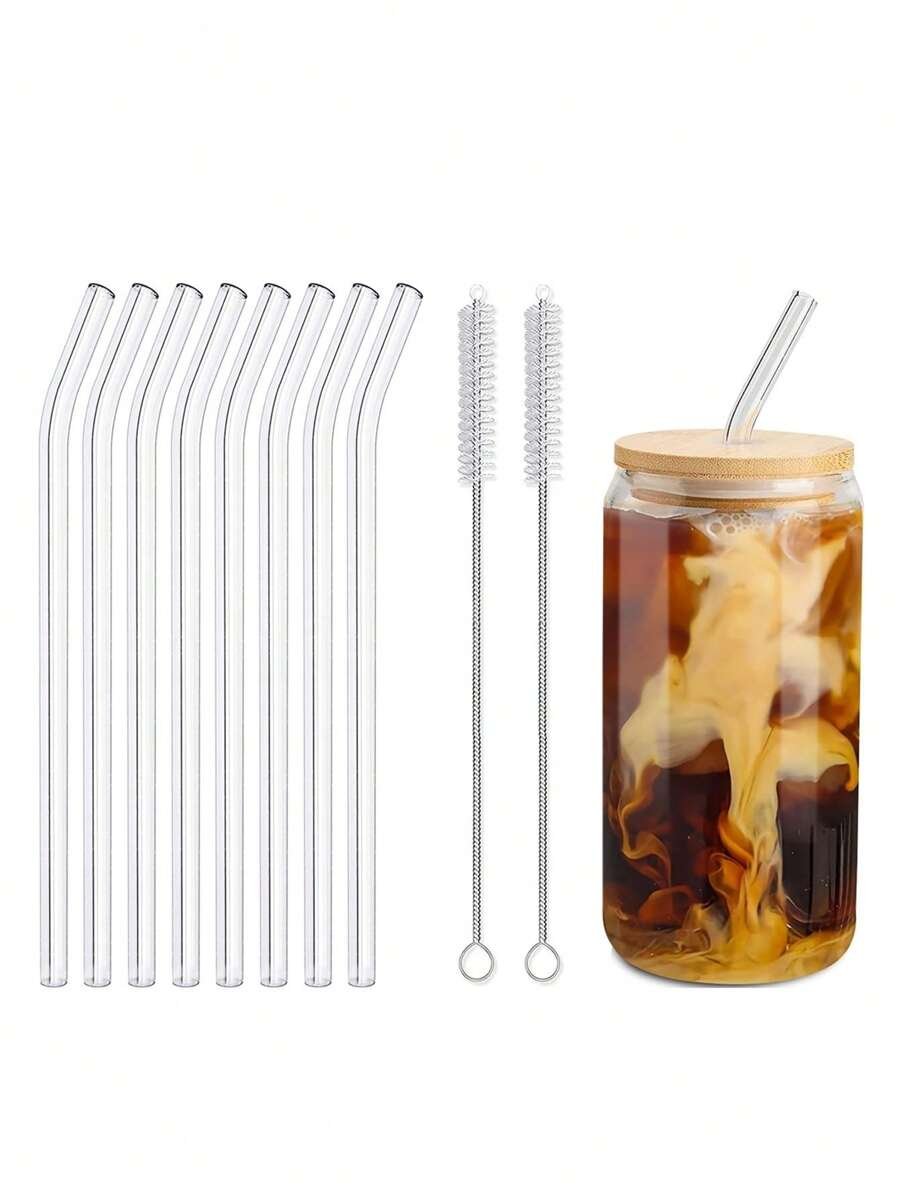 2/4/8pcs Glass Straws Set With Cleaning Brushes, Ideal For Cold & Hot Drinks Such As Juice, Milk, Perfect For Family Gathering Or Festival Gifts, Kitchen, Christmas Gift - 無色 - 查看 1