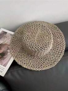 1PC灰色手工女士度假旅遊帽，中空鹽草法式頂帽，禮帽，遮陽帽 - 灰色 - 查看 5