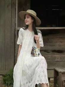 1PC灰色手工女士度假旅遊帽，中空鹽草法式頂帽，禮帽，遮陽帽 - 灰色 - 查看 3