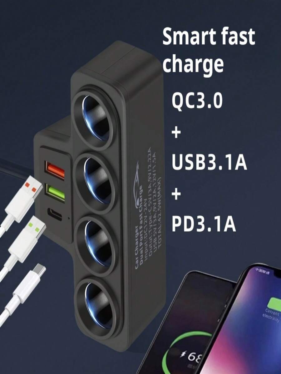 Charge Rapide Automobile Chargeur Allume-Cigare 111W USB-C - 4 En 1 Avec Voltmètre LED, Charge Rapide 66W + PD 30W Pour Voiture Voltmètre Led Voiture