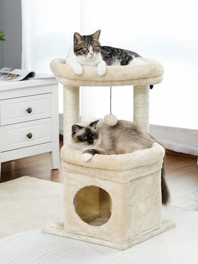 PAWZ Road Cat Tree Flower Cat Tower For Indoor Cats With Private Cozy Cat House, Natural Sisal Scratching Post And Fluffy Pom-Pom For Small Cats