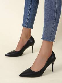 Women Leather High Heels, Thin Heels Pointed-Toe Pumps That Are Suitable For Spring, Summer, Fall, And Winter. These Neutral Color Professional Single Shoes Are Versatile. - Black - View 1