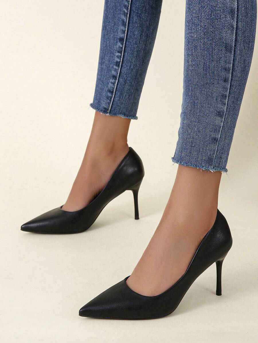 Women Leather High Heels, Thin Heels Pointed-Toe Pumps That Are Suitable For Spring, Summer, Fall, And Winter. These Neutral Color Professional Single Shoes Are Versatile. - Black - View 1