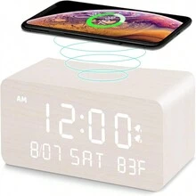 Wooden Digital Alarm Clock With Wireless Charging, 0-100% Adjustable Brightness Dimmer And Volume, Weekday/Weekend Mode, Dual Alarm, Snooze, 12/24H, Wood LED Clock For Bedroom - Multicolor - View 1