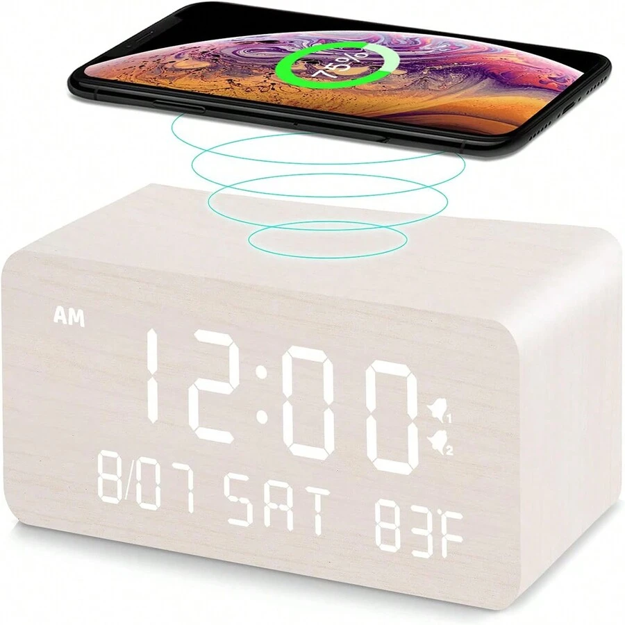 Wooden Digital Alarm Clock With Wireless Charging, 0-100% Adjustable Brightness Dimmer And Volume, Weekday/Weekend Mode, Dual Alarm, Snooze, 12/24H, Wood LED Clock For Bedroom - Multicolor - View 1