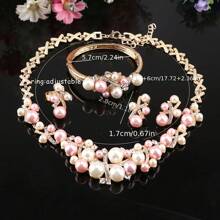 1pc Fashionable Beaded Pink & White Faux Pearl & Rhinestone Jewelry Set, Including Necklace, Bracelet, Earrings, Ring, Perfect For Women Wedding Party Accessories & Gift