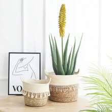 1 件手工乡村风格草编花篮，北欧客厅室内装饰配人造虎尾兰盆栽 - 米色 - 查看 3