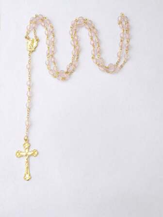 1pc Minimalist Vintage Wood Beaded Cross & Virgin Mary Pendant Necklace, Fashionable And Versatile, Perfect For Mother Day Gift