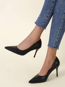 Women Leather High Heels, Thin Heels Pointed-Toe Pumps That Are Suitable For Spring, Summer, Fall, And Winter. These Neutral Color Professional Single Shoes Are Versatile. - Black - View 5