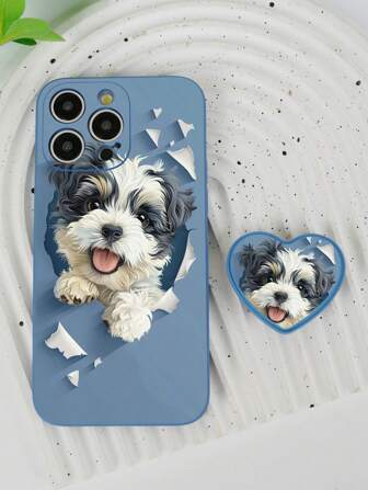 1pc Grey Shockproof TPU Phone Case With Cute Puppy Pattern And 1pc 360-Degree Rotatable Folding Heart Shaped Bracket, Compatible With IPhone/Samsung/Xiaomi/Huawei/OPPO Phones, Such As Galaxy A52/A52s 5G/Galaxy A14/Galaxy S23 Ultra/IPhone 14 Pro Max/OPPO A54/Galaxy A54/Redmi 10/Redmi Note 8/Xiaomi Redmi 12C/11A/Galaxy A13 4G/Galaxy A23 5G