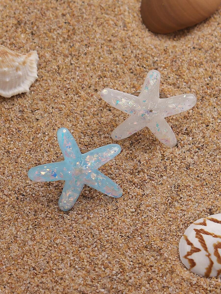 1對可愛海洋風格閃閃發光的亞克力海星戒指，適用於女性在海灘度假休閒時佩戴，可調節 - 海星 - 查看 1