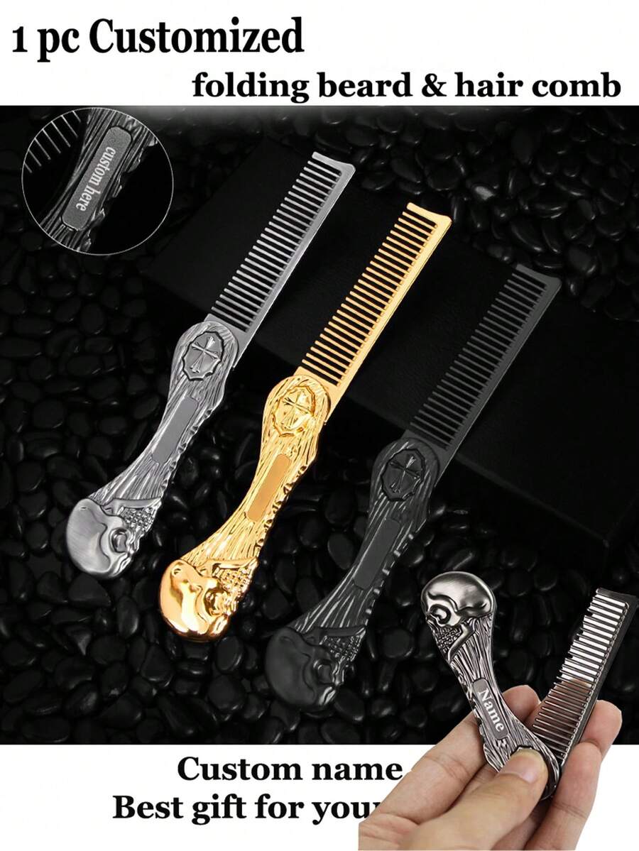1pc Cusorm Name Professional Salon Beard Comb Zinc Alloy Mustache Comb Men Folding Beard Trimming Tool Skull Style Hair Comb Portable Comb