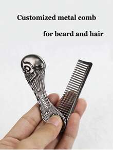 1pc Cusorm Name Professional Salon Beard Comb Zinc Alloy Mustache Comb Men Folding Beard Trimming Tool Skull Style Hair Comb Portable Comb