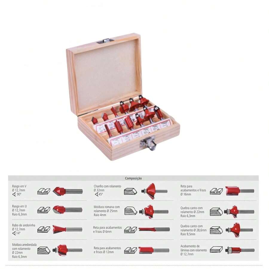 Kit Jogo de Fresas Para Tupia Madeira 12 Peças - Multicolorido - Visão 1