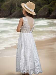 Tween Girls' Lace Open Back Dress For Flower Girl, Wedding Or Party - White - View 1