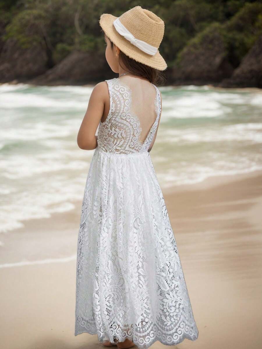 Tween Girls' Lace Open Back Dress For Flower Girl, Wedding Or Party - White - View 1