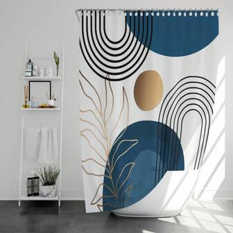 1pc Abstract Blue Half Circle Arch Printed Polyester Bohemian Medieval Style Gradient Golden Leaf Sunray Pattern Minimalist Shower Curtain With Hooks Home Bathroom Decor Fall Decor Bathroom Accessories Back To School
