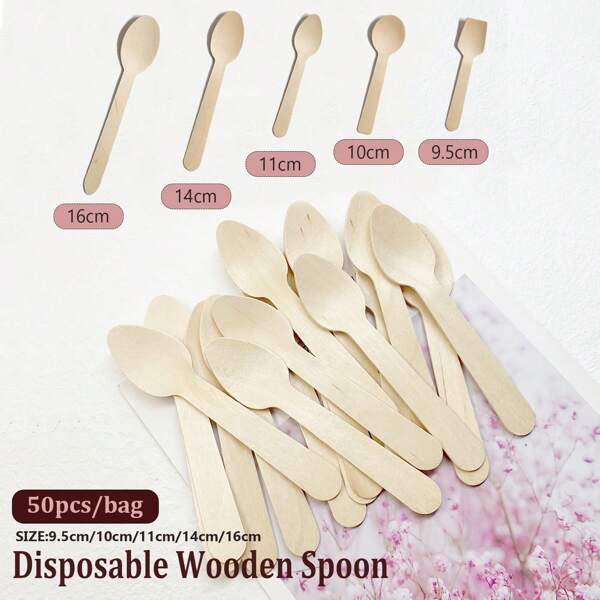 50 pièces Cuillères en bois jetables, 9,5/10/11/14/16 cm, ustensiles de couverts écologiques pour les fêtes, les pique-niques, les dîners à la maison, les desserts, Noël