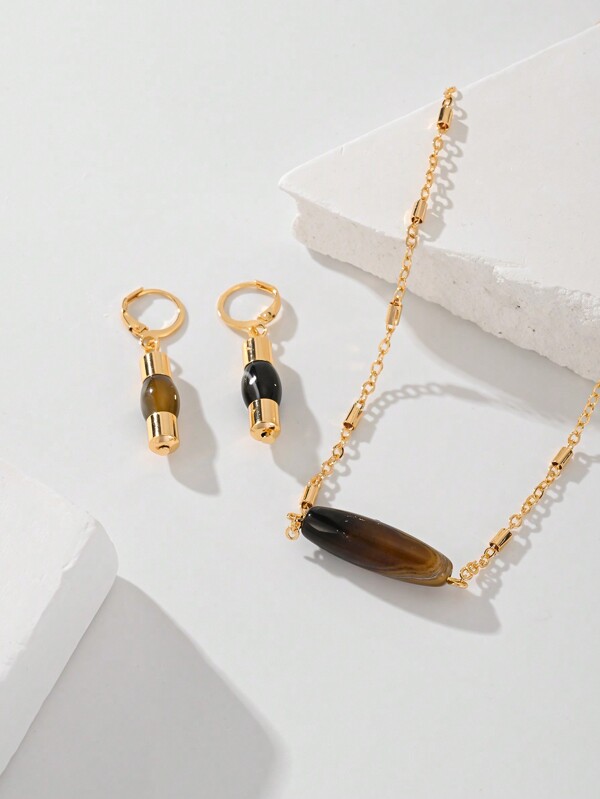New Women's Earrings, Necklace, Pendant Jewelry Set, Inlaid With Natural Agate Stone, Each Stone Is Different, The Stone Images And Text Are Random To Ship, Simple And Gorgeous , European And American Fashion Style, Plating Champagne Gold, Suitable For Women's Daily Casual Wear, Gift Gifts, Summer Jewelry